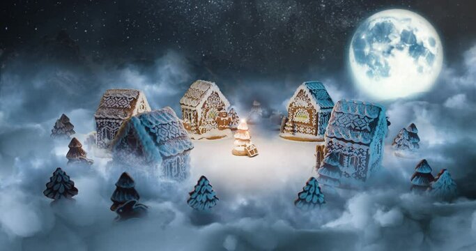 Magic Christmas gingerbread village with trees on night sweet background with moving clouds around