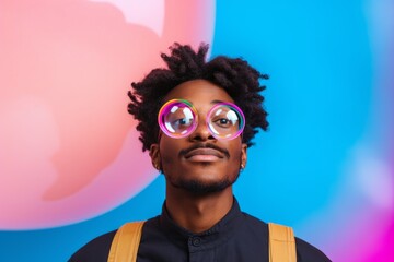 happy african american man on colorful background with rainbow soap balloon with gradient