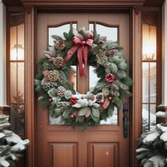 christmas wreath on the entrance doors. ai generative