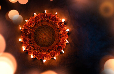 Happy Diwali background flatly image of Diwali Diya with copy space