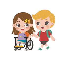 Happy smiling disabled girl in wheelchair talking her friend having fun. Disabled child in a wheelchair with her friends.