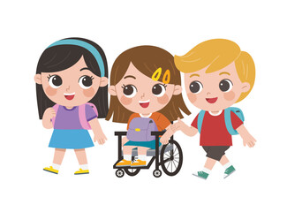 Happy smiling disabled girl in wheelchair talking her friend having fun. Disabled child in a wheelchair with her friends.