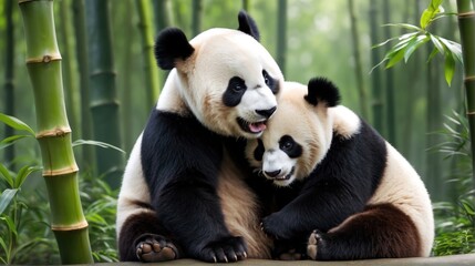Two cute pandas eating bamboo in the forest.