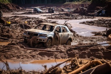 City destroyed by mud after a flood, Mud over the city after a dam collapse, Generative AI