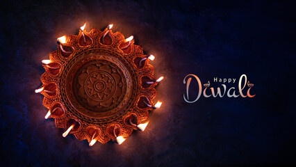 Happy Diwali background flatly image of Diwali Diya with greeting text, 2024 Diwali banner type background