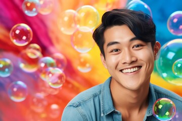 Fototapeta premium happy smiling asian man on colorful background with rainbow soap balloon with gradient