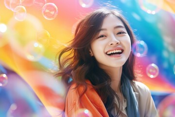 happy smiling asian woman on colorful background with rainbow soap balloon with gradient