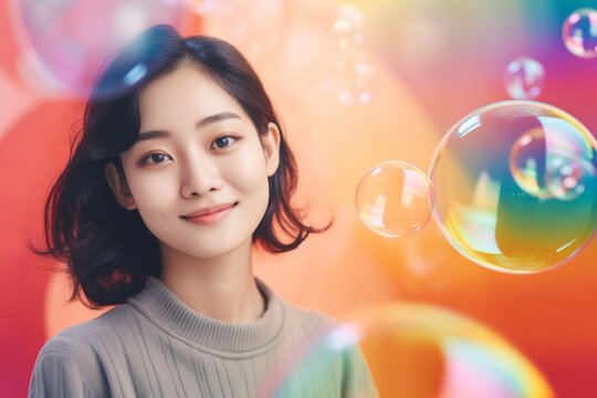 happy asian woman on colorful background with rainbow soap balloon with gradient
