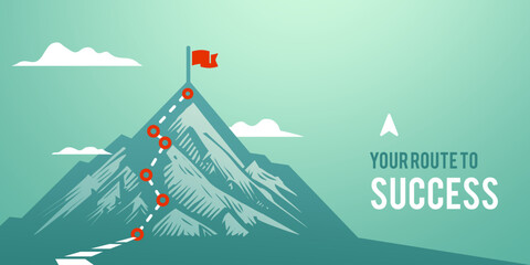 businessman journey concept vector illustration of a mountain with path and a flag at the top, route to mountain peak, business journey and planning concept. - obrazy, fototapety, plakaty