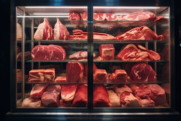 Red meat cuts in glass display case at butcher shop, Generative AI