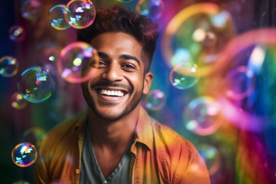 happy smiling indian man on colorful background with rainbow soap balloon with gradient