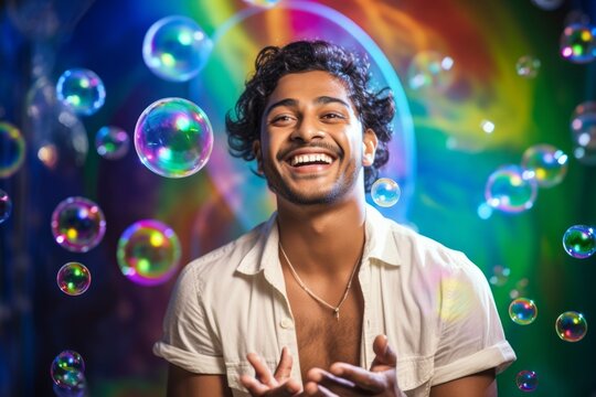 happy smiling indian man on colorful background with rainbow soap balloon with gradient