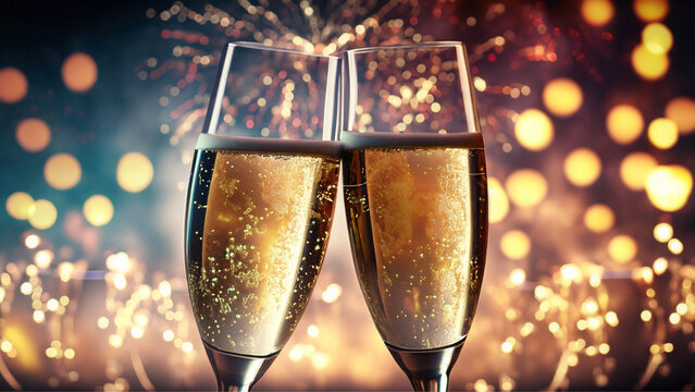 Duas taças com bebida e luzes natalinas desfocadas ao fundo.