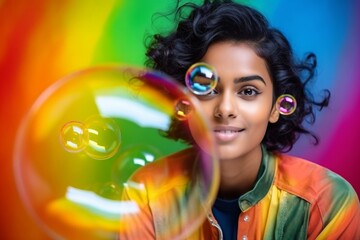 happy indian woman on colorful background with rainbow soap balloon with gradient