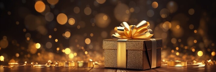 Golden gift and confetti on wooden table and background with blurred lights in bokeh effect, gift box with golden ribbon, Generative AI - obrazy, fototapety, plakaty