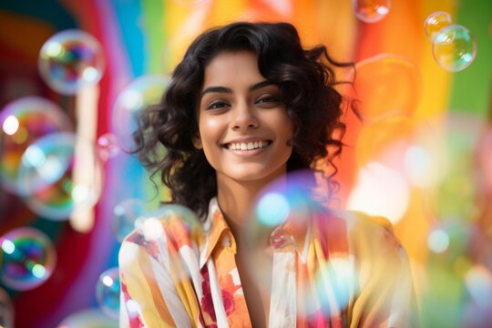 happy smiling indian woman on colorful background with rainbow soap balloon with gradient