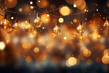 Schilderijen op glas Abstract Art backgrond gold Sparkling Lights Festive background with texture. Abstract Christmas twinkled bright bokeh defocused and Falling stars. © Tjeerd