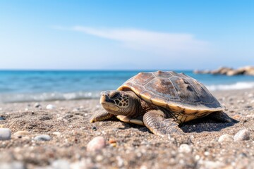 Turtle seen up close on the beach sand with the sea in the background, Generative AI