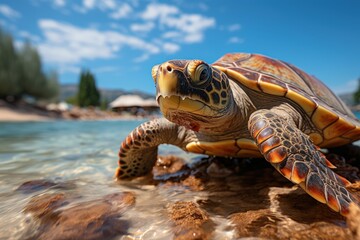 Fototapeta premium Turtle seen up close on the beach with the sea and coconut palm trees in the background, Generative AI
