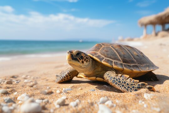 Turtle seen up close on the beach sand with the sea in the background, Generative AI