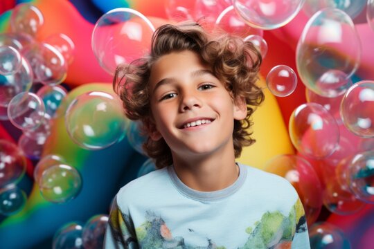 happy smiling child boy on colorful background with rainbow soap balloon with gradient