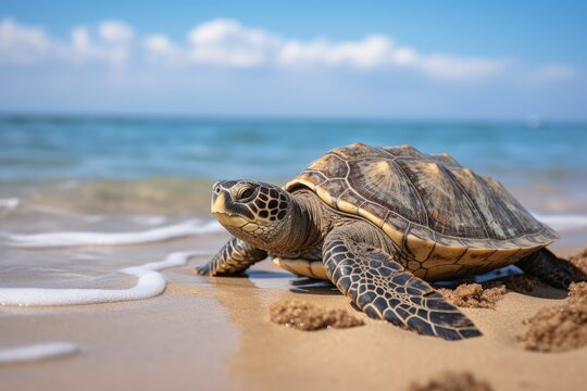 Turtle seen up close on the beach sand with the sea in the background, Generative AI