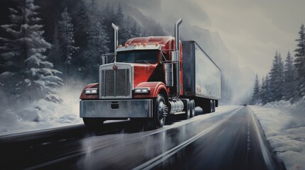 Red cargo truck traveling along snowy road with pine forest in the background, Box truck, Generative AI