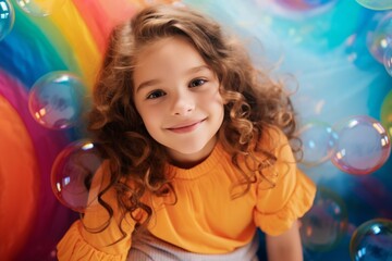 Naklejka premium happy child girl on colorful background with rainbow soap balloon with gradient