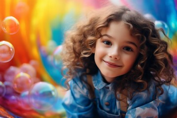 Fototapeta na wymiar happy child girl on colorful background with rainbow soap balloon with gradient