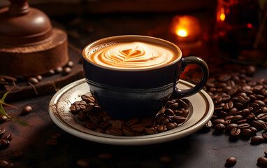 coffee cup and coffee beans on table wooden background