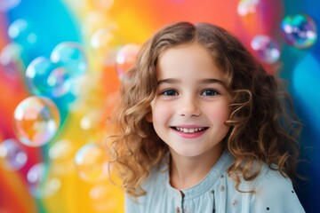 Fototapeta na wymiar happy smiling child girl on colorful background with rainbow soap balloon with gradient