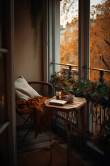 Cozy city terrace with table and chair with pillow in autumn