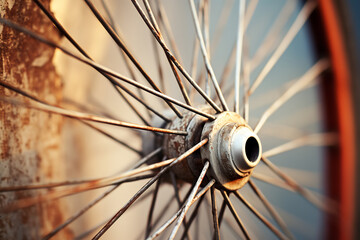 A close-up of the spokes of a vintage bicycle wheel, showcasing rust and wear as marks of character