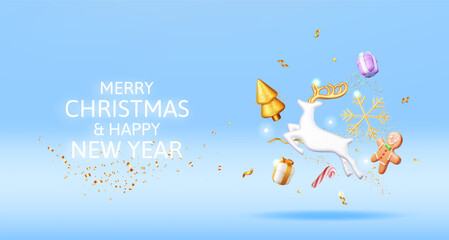 3D Deer with Golden Horns and Christmas Tree. Render Happy New Year Decoration Banner. Merry Christmas Holiday. New Year and Xmas Celebration. Realistic Vector Illustration