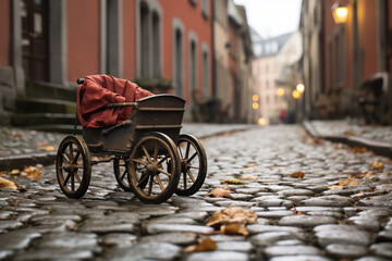 Fototapeta na wymiar The wheel of a baby stroller is captured navigating over a cobblestone street, symbolizing the challenges of parenting
