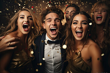 Attractive woman laughing while dancing with friends. Group of men and women dancing at new years eve party at night club. - obrazy, fototapety, plakaty
