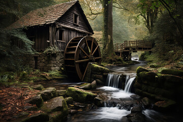 A large water wheel is turning beside an old grist mill, situated in a serene forest setting with a flowing stream - obrazy, fototapety, plakaty