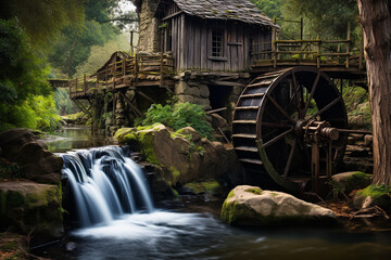 A wooden water wheel is seen turning slowly as it powers a rustic, historical grist mill in a rural setting