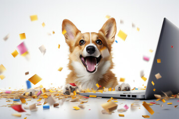 Cute dog with a laptop. happy corgi dog sitting with a laptop and colourful confetti popper falling...