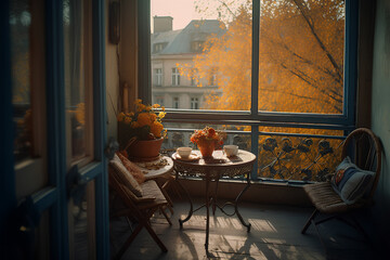 Beautiful city terrace with table and chairs in autumn season