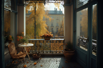 Beautiful terrace with table and chair in autumn town