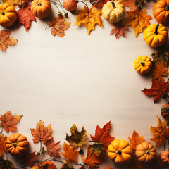 orange pumpkins harvest with fall leaves and berries frame on blue table with copy space