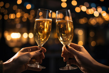 Two hands with glasses of champagne wine clink against blurred golden lights. Festive background and celebration concept. - obrazy, fototapety, plakaty