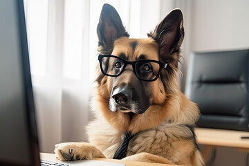 Serious German Shepherd with glasses is sitting at his desk and working on computer in office