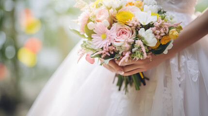 Bridal bouquet in boho style, close up photo of bride's hands before wedding, pastel flower composition for spring and summer, white wedding dress, natural flowers, roses, tulips