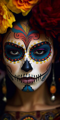 A woman with makeup inspired by the Day of the Dead in a tribute to tradition. Woman with makeup with features adorned with colorful calaveras wearing a Mexican dress.