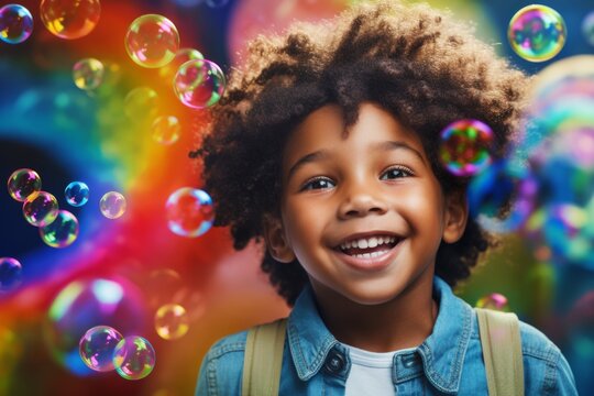 happy smiling african american child boy on colorful background with rainbow soap balloon with gradient