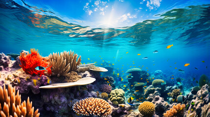 Vibrant coral reef teeming with marine life and clear turquoise waters - obrazy, fototapety, plakaty