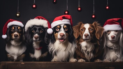 Furry holiday friends: dogs in Santa hats on a wooden bench