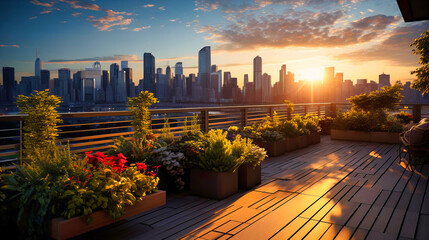 Rooftop garden at sunrise, with dew on the leaves and city views - obrazy, fototapety, plakaty